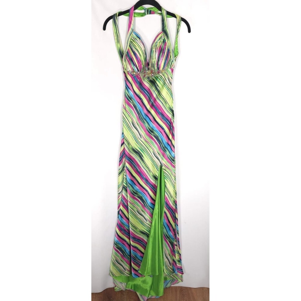 Mac Duggal Couture Size‎ 0 Maxi Dress Open Back Slit Satin Multicolor Striped - Picture 3 of 16